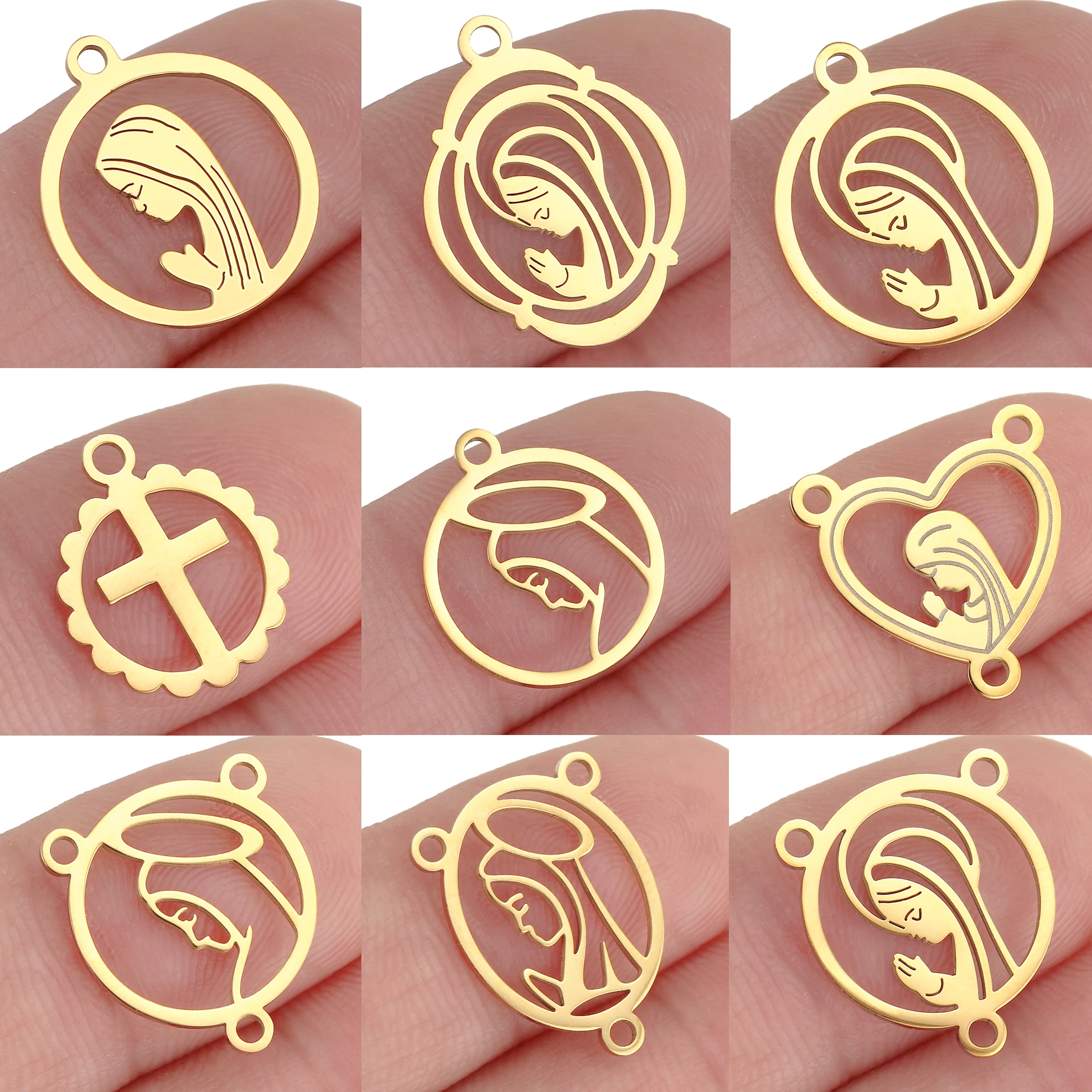 5 Peças de Charms Religiosos de 3 Furos da Virgem Maria para Conector de Joias DIY, Amuleto Religioso de Proteção em Aço Inoxidável, Pingente de Colar