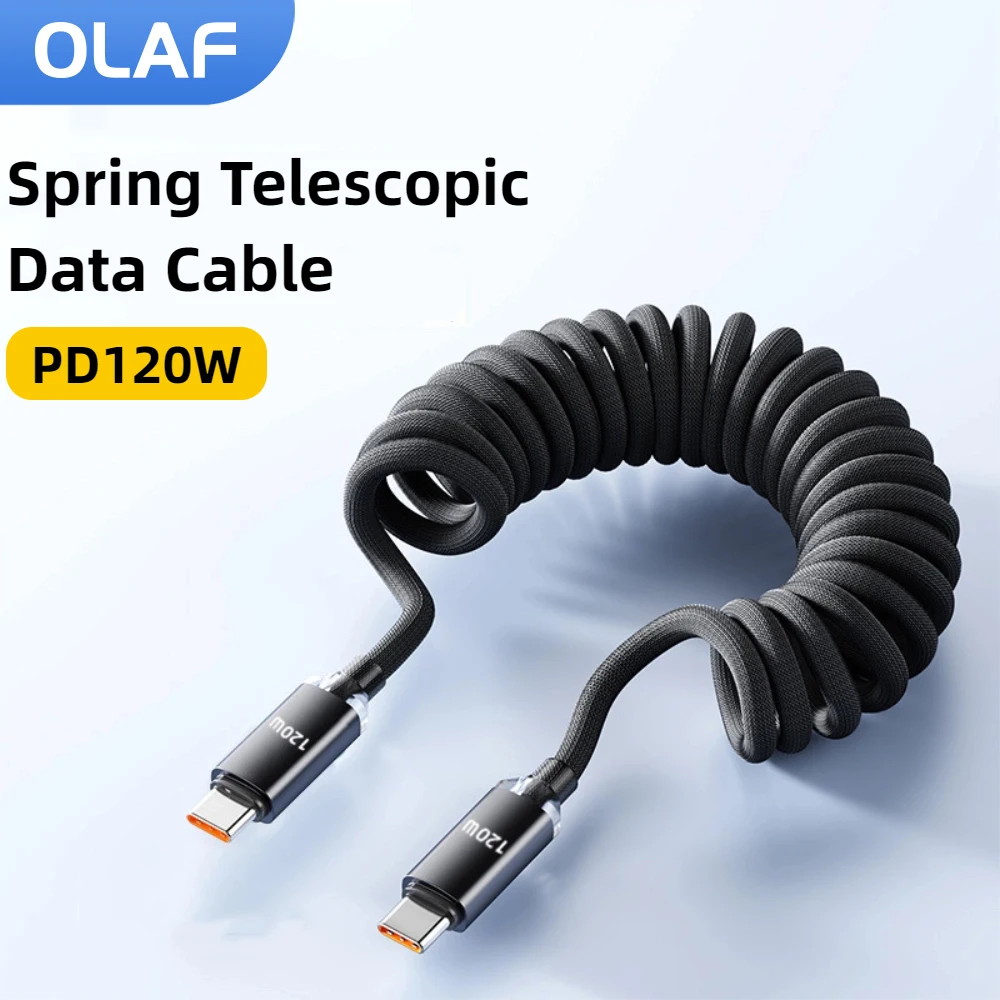 

Автомобильный USB-кабель типа C/тип C до типа C, 120 Вт, пружинный телескопический кабель для быстрой зарядки для iPhone 16 15 Samsung Xiaomi Huawei USB C-кабель