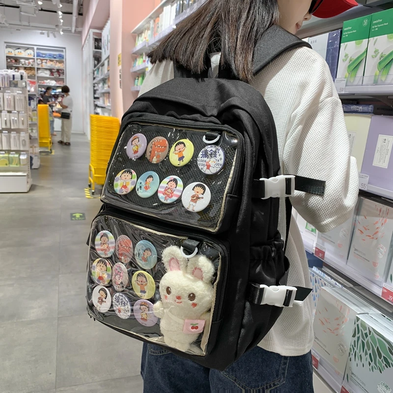 Mochila de gran capacidad con bolsillo transparente para mujer, bolsa bonita de viaje, estilo Harajuku, Ita