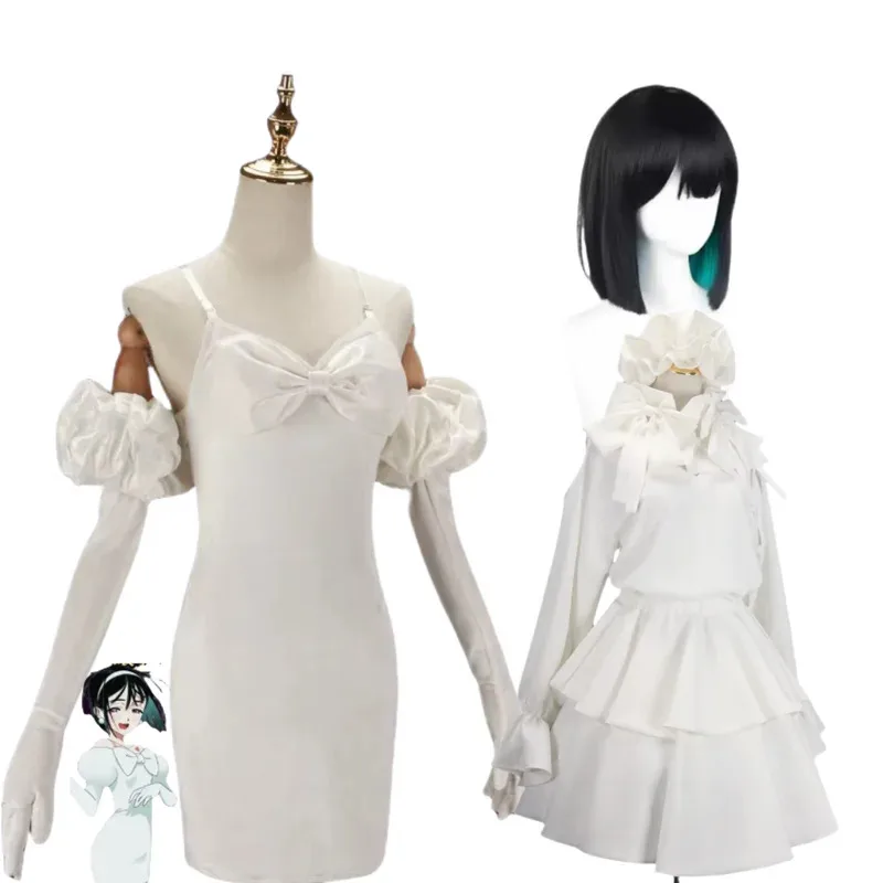 Anime Alien Bühnenkostüm Weißes Kleid Volles kurzes schwarzes Haar Sua Cosplay Kleidung Wigx,5;d'2.y;8'