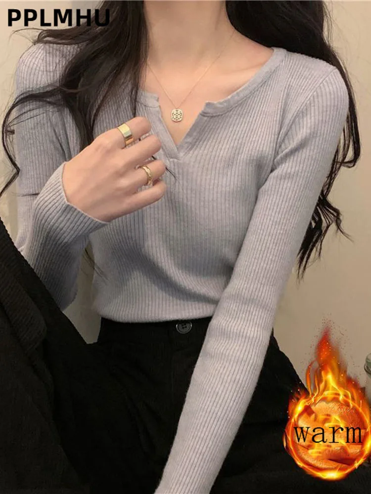 V-Neck Warm Pullover Knitted Tops Sweater Thick Plush Velvet Lined Knitwear Jumper Korea Fashion Women Casual Slim Pullover