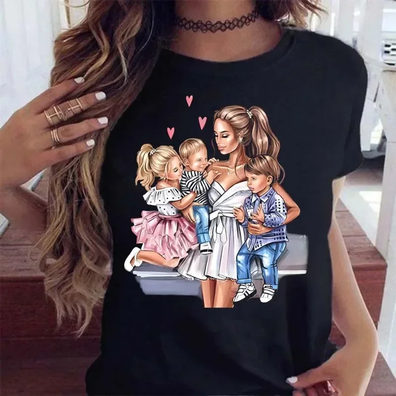 Plus Size Maycaur Women T Shirt Cartoon Mom with Son Shirt Fashion Print Casual Woman Tee Ladies Female T-shirt Short Sleeve Top