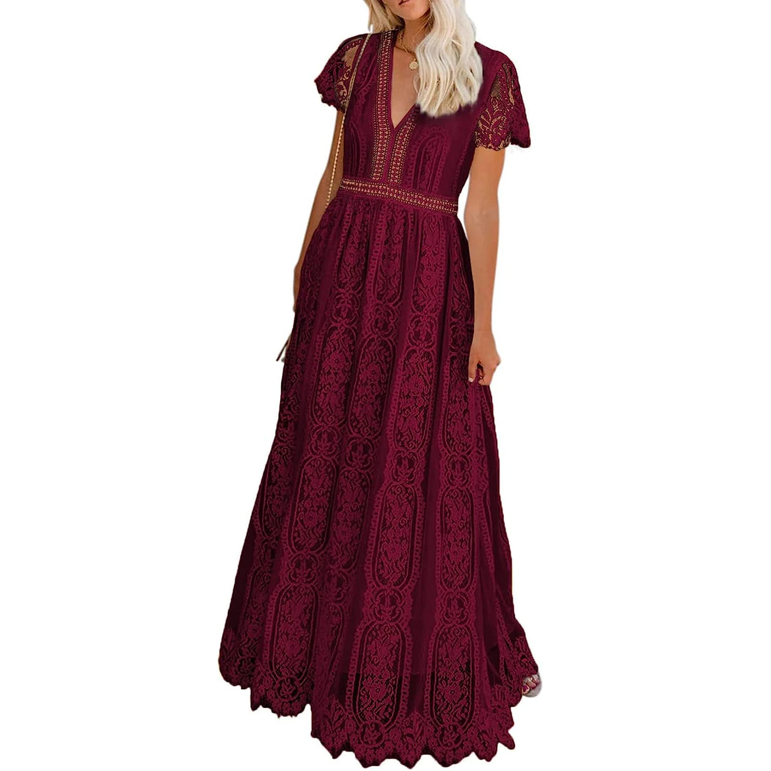 Women's V Neck Floral Lace Wedding Dress Short Sleeve Bridesmaid Evening Party Maxi Dress