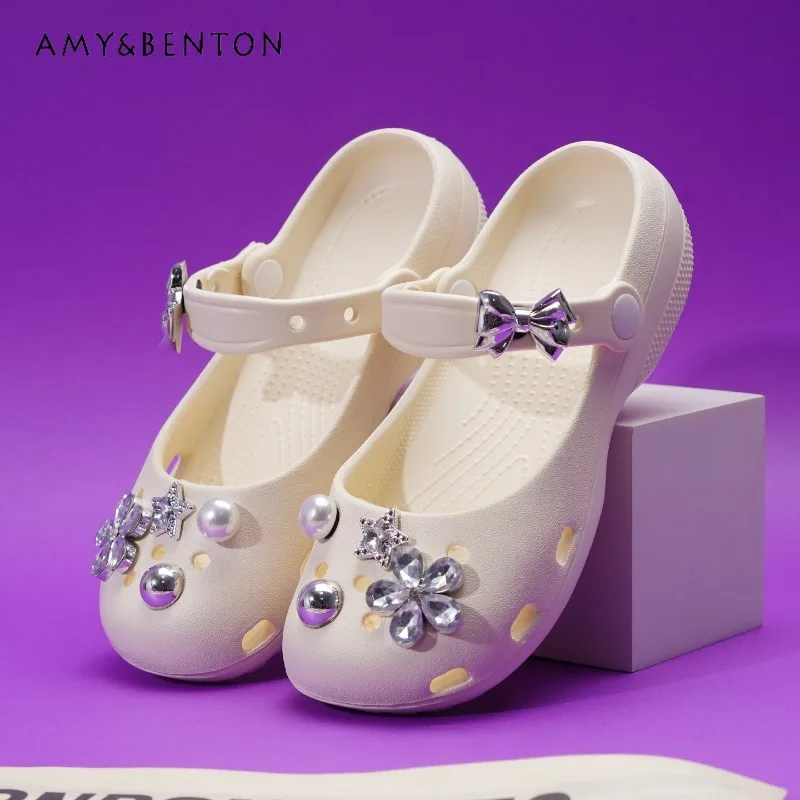

Kids Hollow Out Slip on Sandals Crystal Flower Pearl Decor Removable Bow Strap Lightweight EVA Anti-slip Girls Walking Shoes