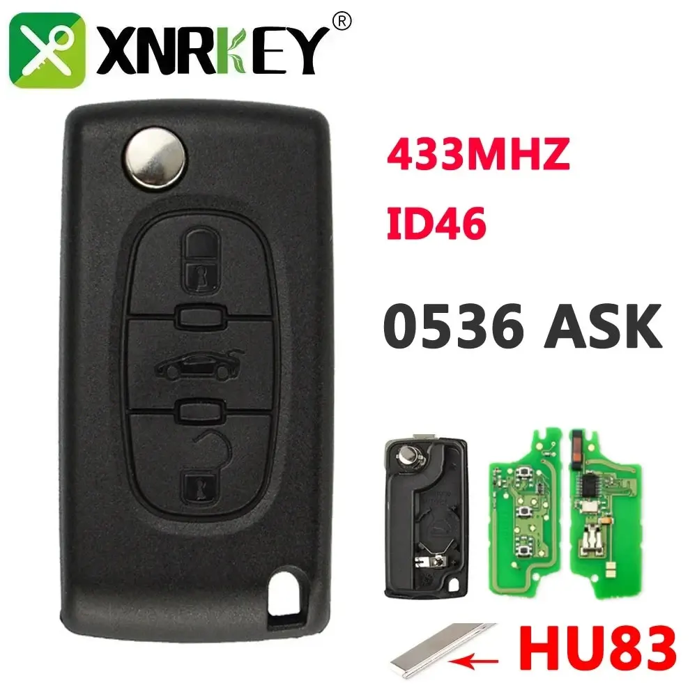 

XNRKEY 3 Button Flip Remote Key 433Mhz Electronic 46 Chip 0536 ASK HU83 Blade For Peugeot Key Truck Button