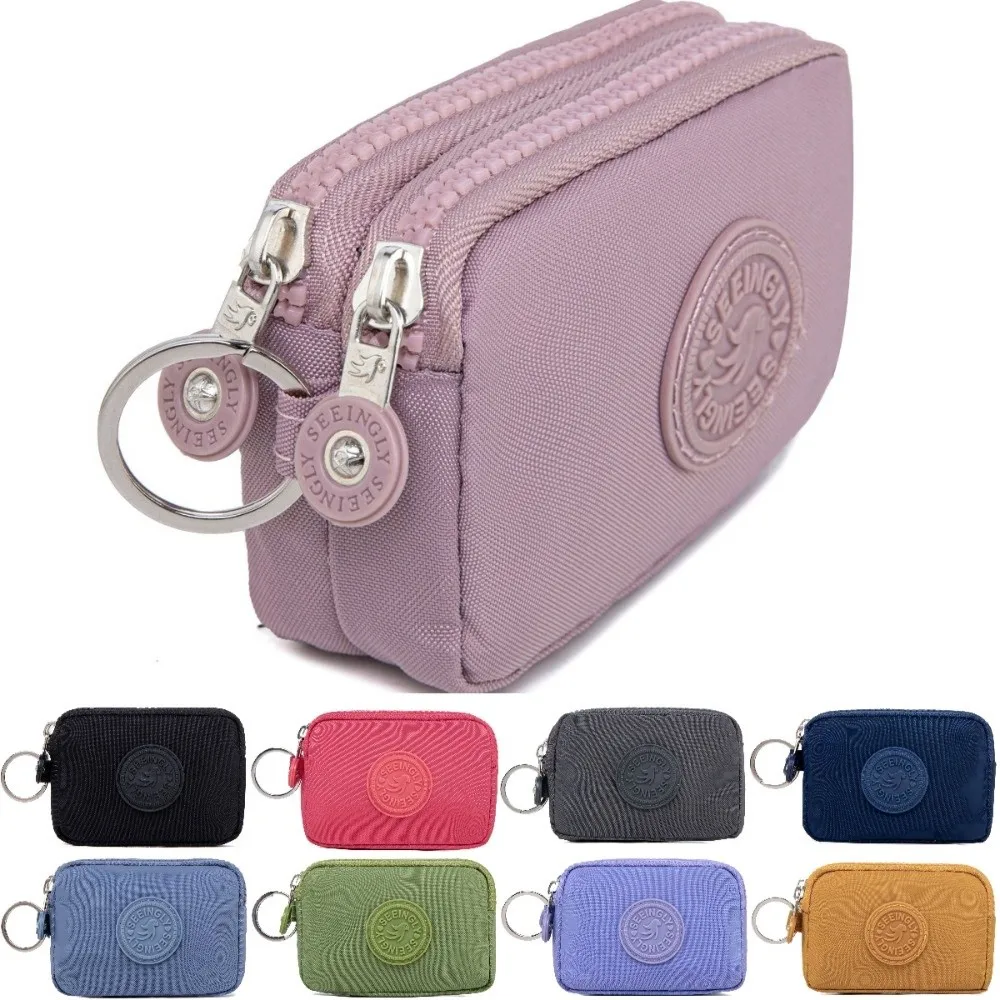 New Double Layer Women Wallet with Keychain Solid Color Credit Card Holder Nylon Waterproof Coin Purse Outdoor