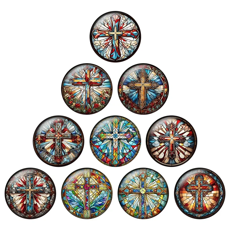 24pcs/lot Round Glass Cabochons 12mm 20mm 25mm Colored Cross Art Patterns DIY Jewelry Making Findings & Components  H184