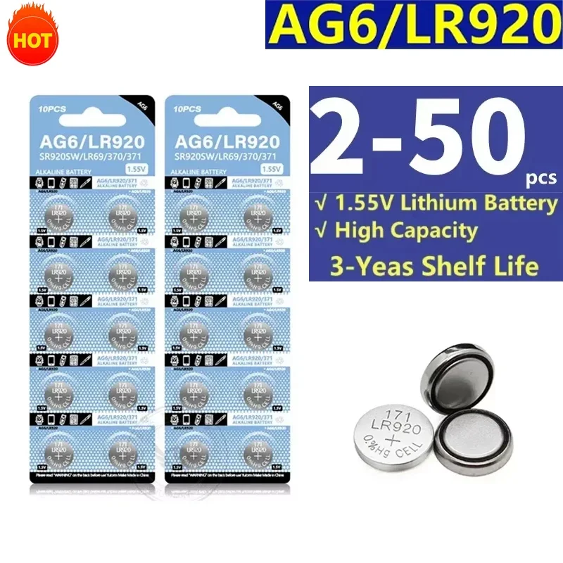 1.55V button battery AG6 371 SR920SW LR920 SR927 171 370 L921 LR69 SR920 watch toy remote control replacement battery