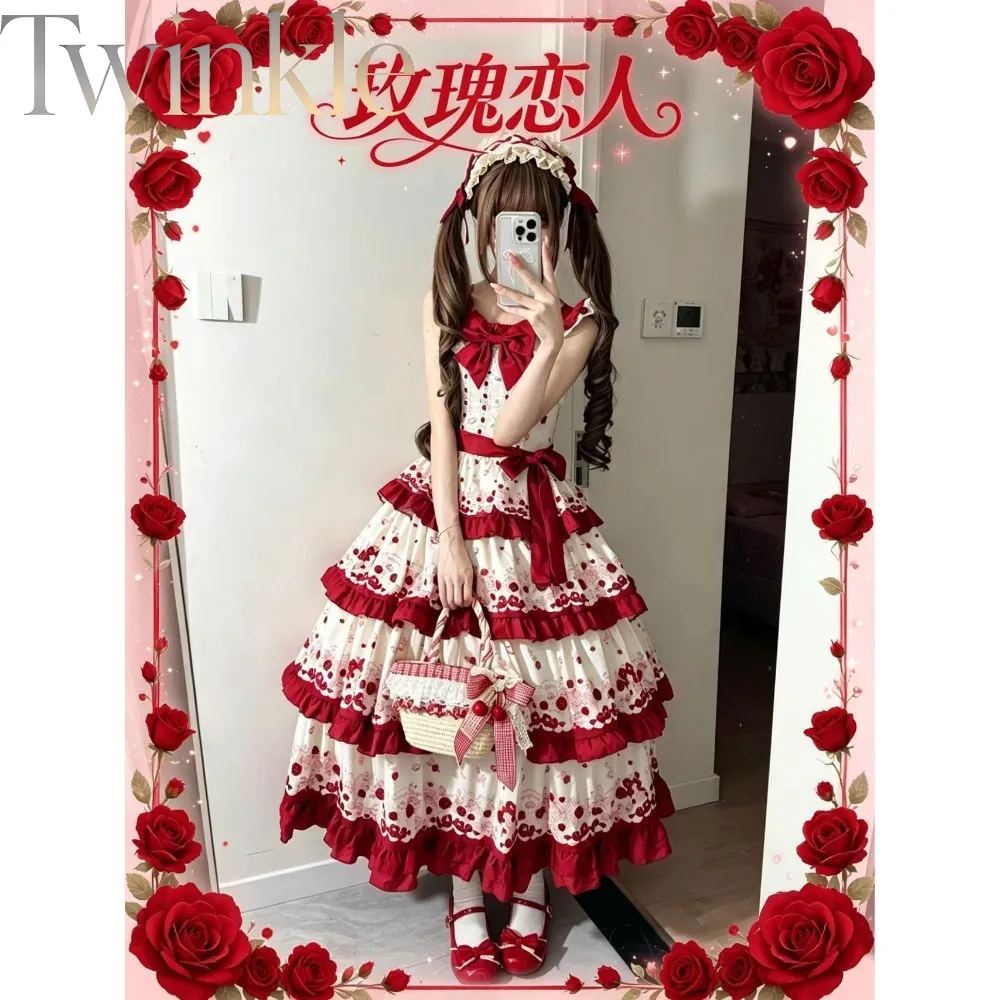Lolita JSK Dress Elegant Classic Camisole Women Rose Print Princess Sweet Kawaii Lace Bow Vintage Party Jumper Skirt