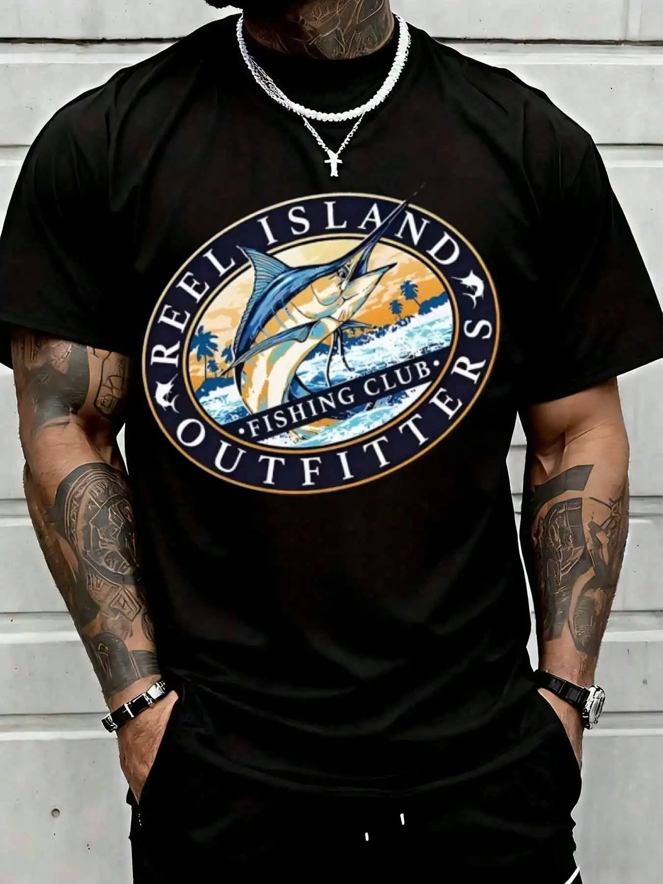 Reel Island Fishing Club Outfitters Marlin Fisherman Graphic Tee Shirt Suitable For Casual Sports Wear