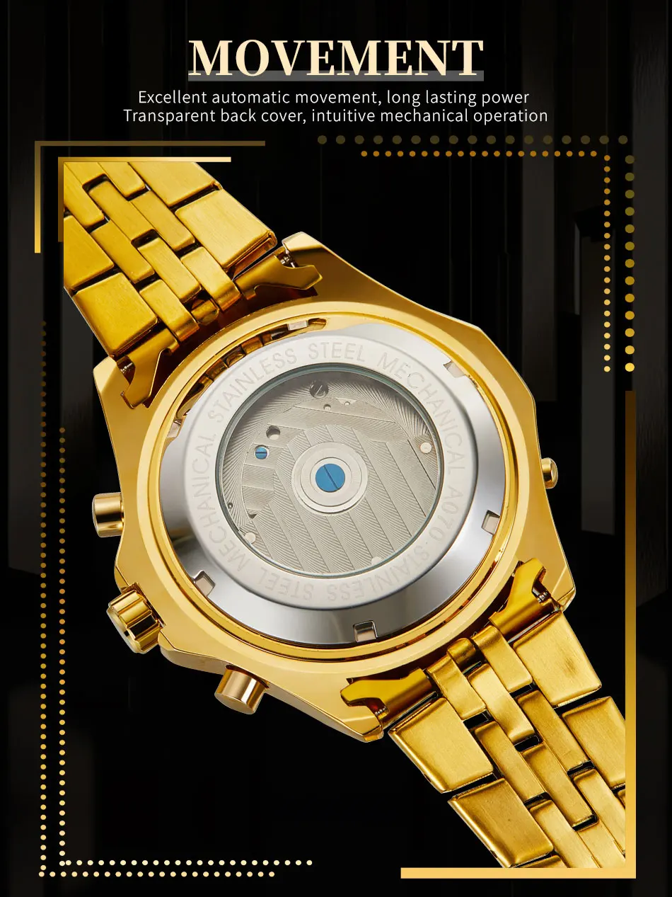 2024 Big Dial Gold Luxury Multifunctional Tourbillon Automatic Men Watch Mechanical Waterproof Stainless Steel Male Wrist Clock