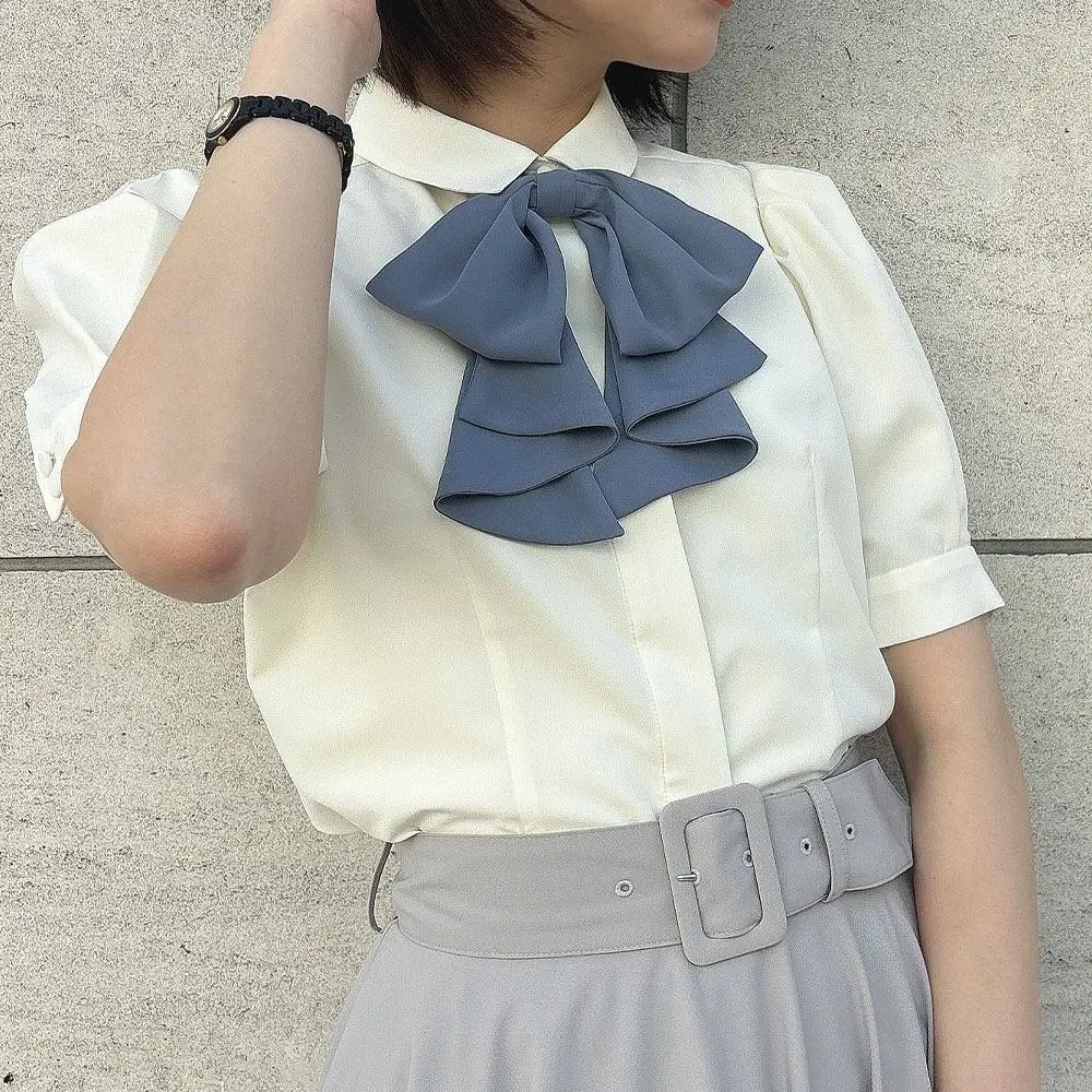 Japanese Elegant Retro Polo Collar Bow Tie Bubble Sleeve Single-breasted Versatile Commuter Solid Color Shirts Tops Women Summer