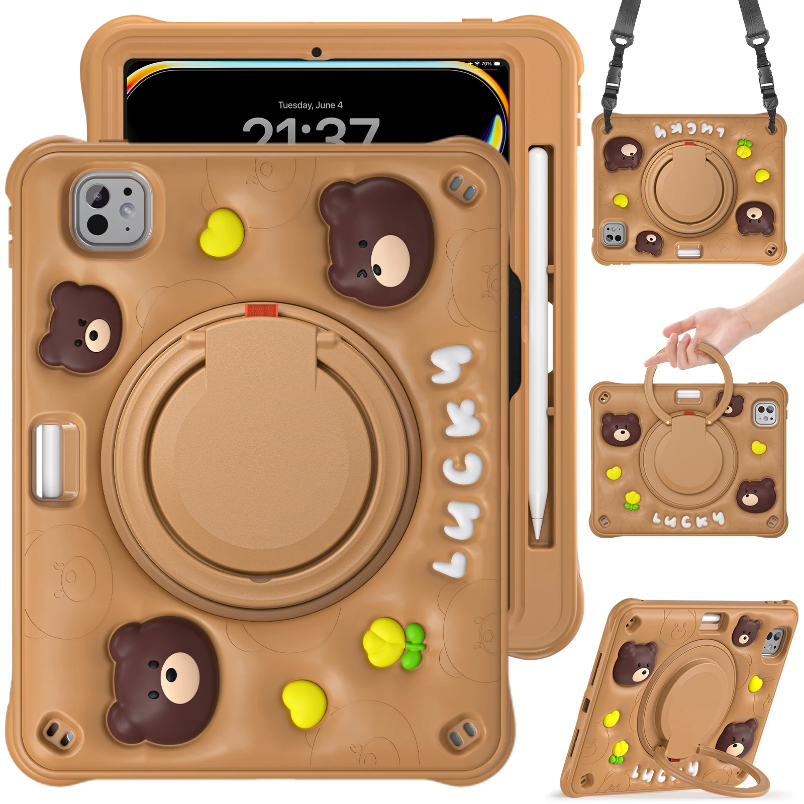 Handle Grip Case Universal For iPad Pro11 2025 M5 2024 M4 A3357 A3358 A3359 A2836 A2837 A3006 Rotating Stand Kids Cartoon Cover