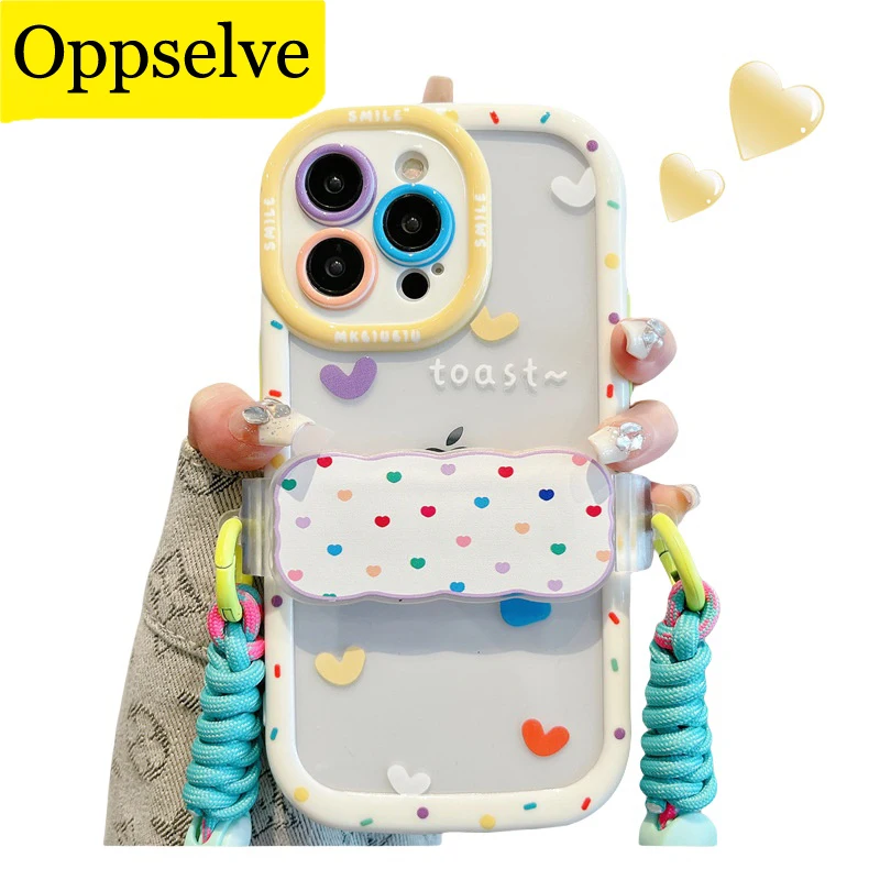 For iPhone 11 12 13 14 15 Phone Shell Colorful Love Heart Phone Case With Crossbody Back Clip And Hanging Rope Cell Phone Funda