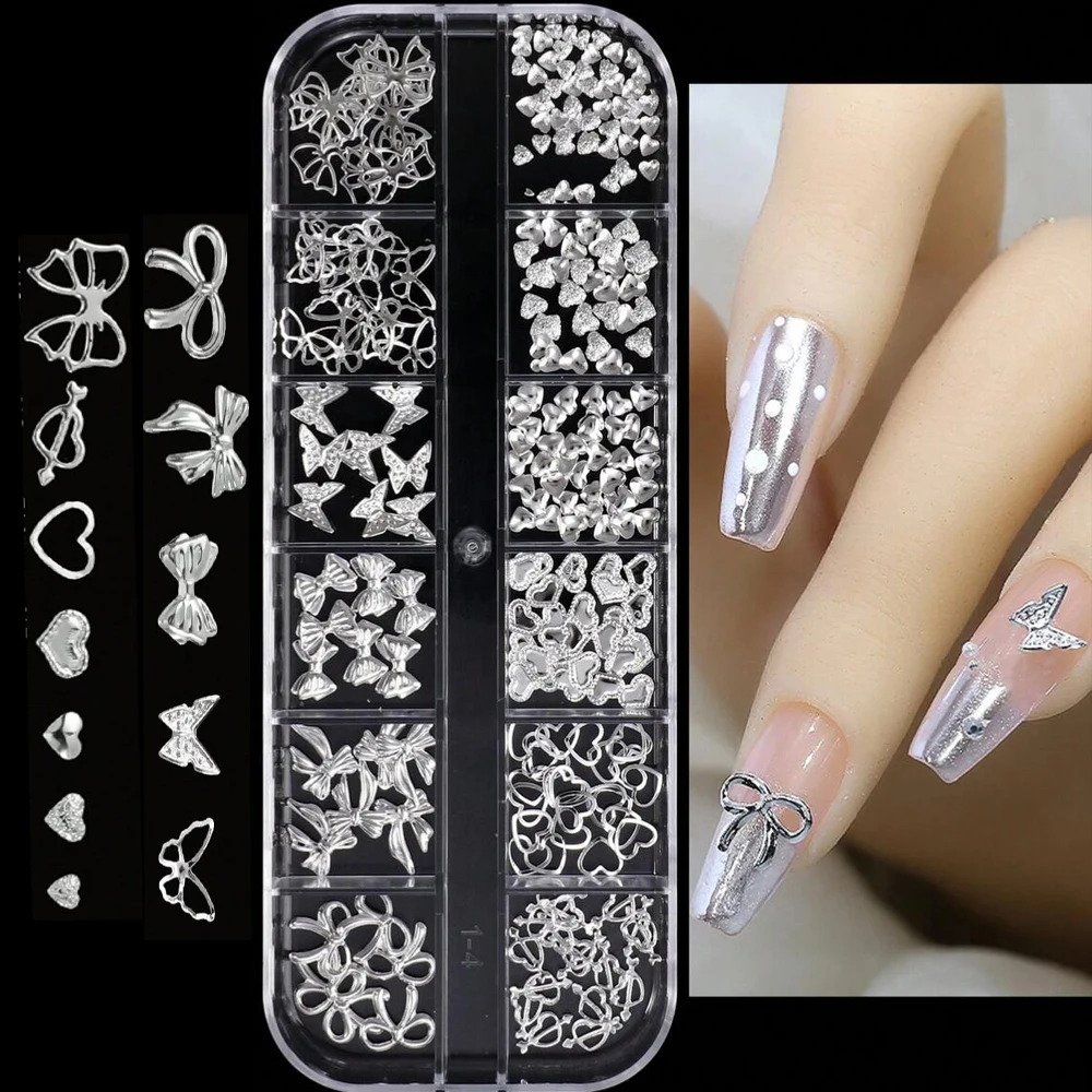 12grid Y2k Metal Silver Moon Stars Nail Rivets Studs 3D Metal Starlight Nails Design Rhinestones FlatBack Manicure Decoration E2