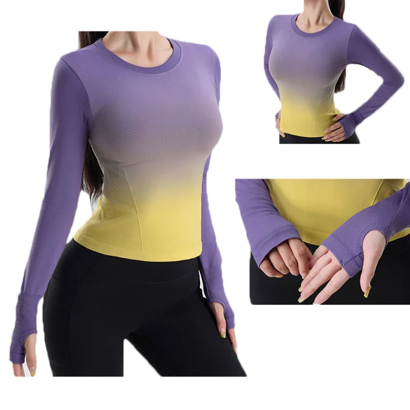 Aiithuug Gradiented Color Gym Tops Yoga Long Sleeve Workout Waist Slim gradient ramp Tops with Tumb Hole Slim Running Jogging