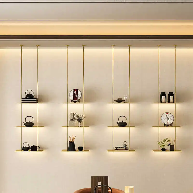 Customized tea room hanging hanger baffle rack bar wall multi-layer gold decorative display rack