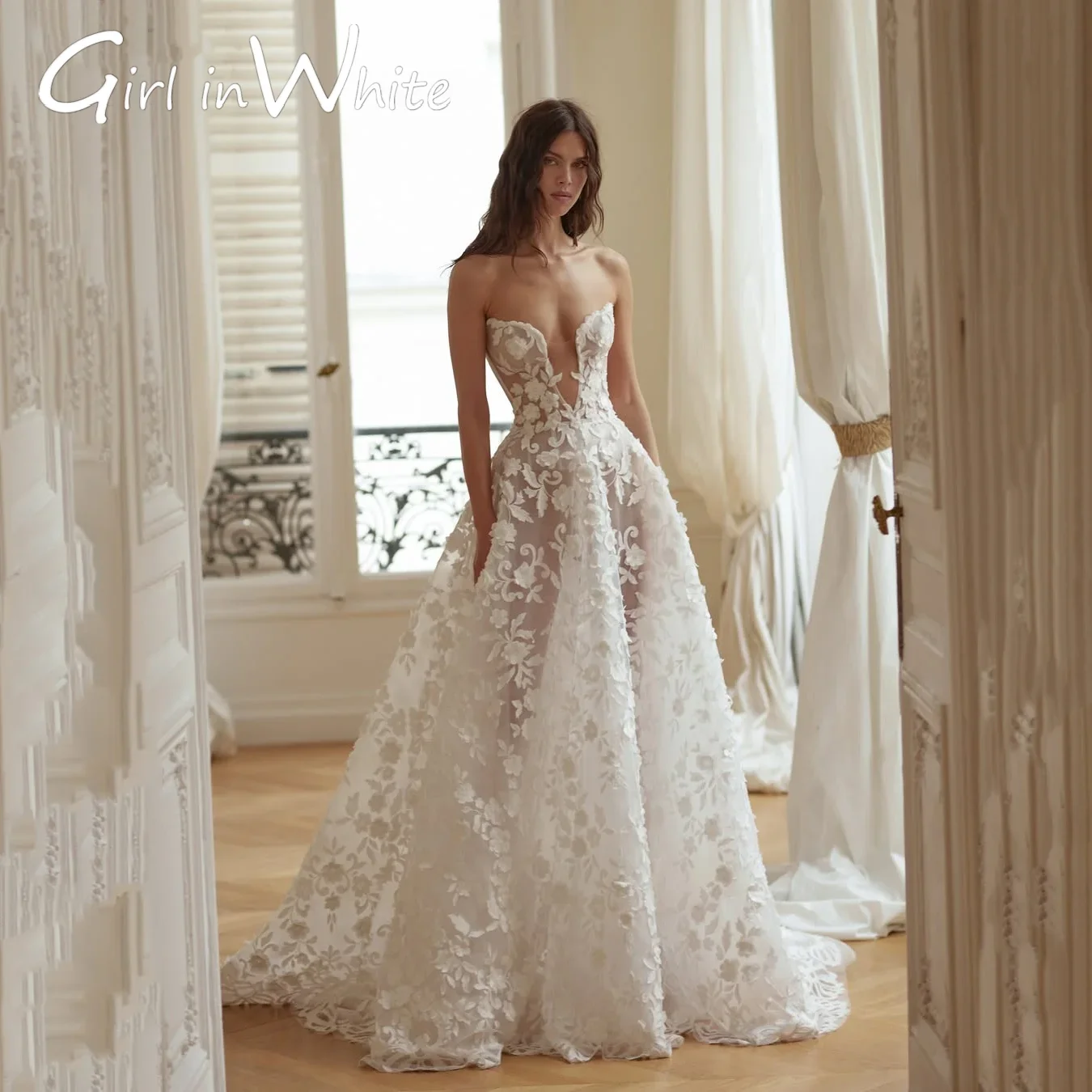 Elegantes Brautkleid in Elfenbein mit V-Ausschnitt in A-Linie, Spitze, rückenfrei, schulterfrei, Brautkleider, bodenlange Brautkleider, neu, individuell gestaltet