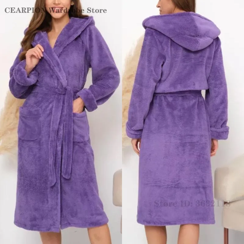 

Фланелевой халат на шнуровке с капюшоном, женский осенне-зимний халат, кимоно, сексуальная толстая теплая одежда для сна, ночная рубашка с длинными рукавами, домашняя одежда