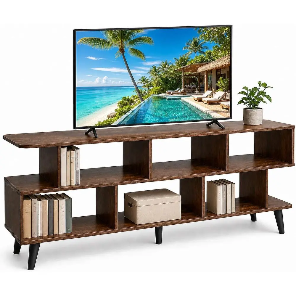 65 Inch TV Stand, up to 75 Inch TVs, Large Storage or Collection with 8 Open Shelves, Sturdy Media ole Table or Living Room/Entr