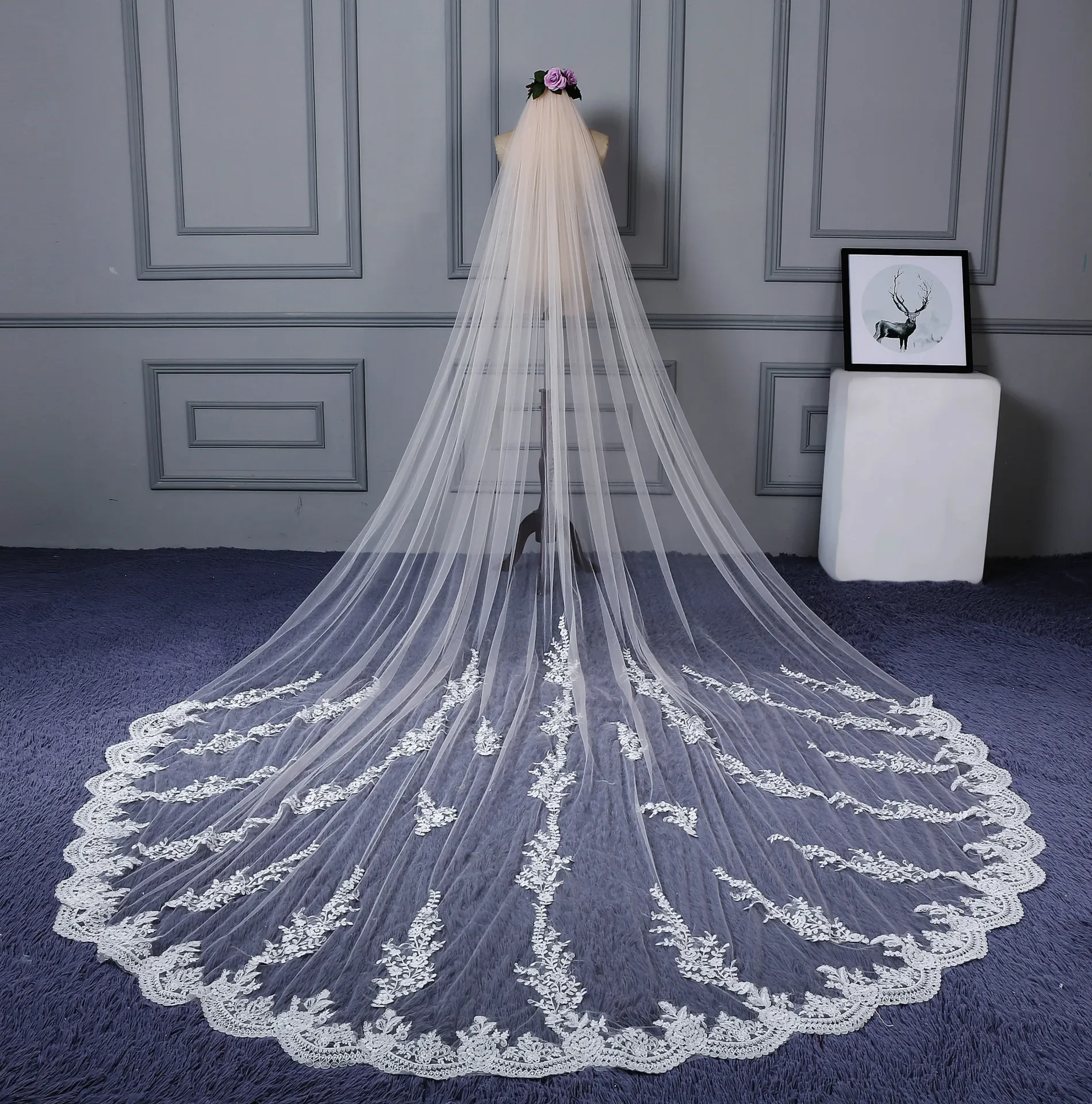 

118 inches, 110 inches wide, 1-layer decal wedding veil, cathedral length, bridal veil with comb