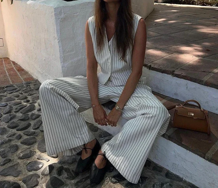 Casual Women\'s Sets Striped Vest Long Pants Set Wear Temperament Commuting Two-piece Suits for Female Streetwear 2024 New Summer