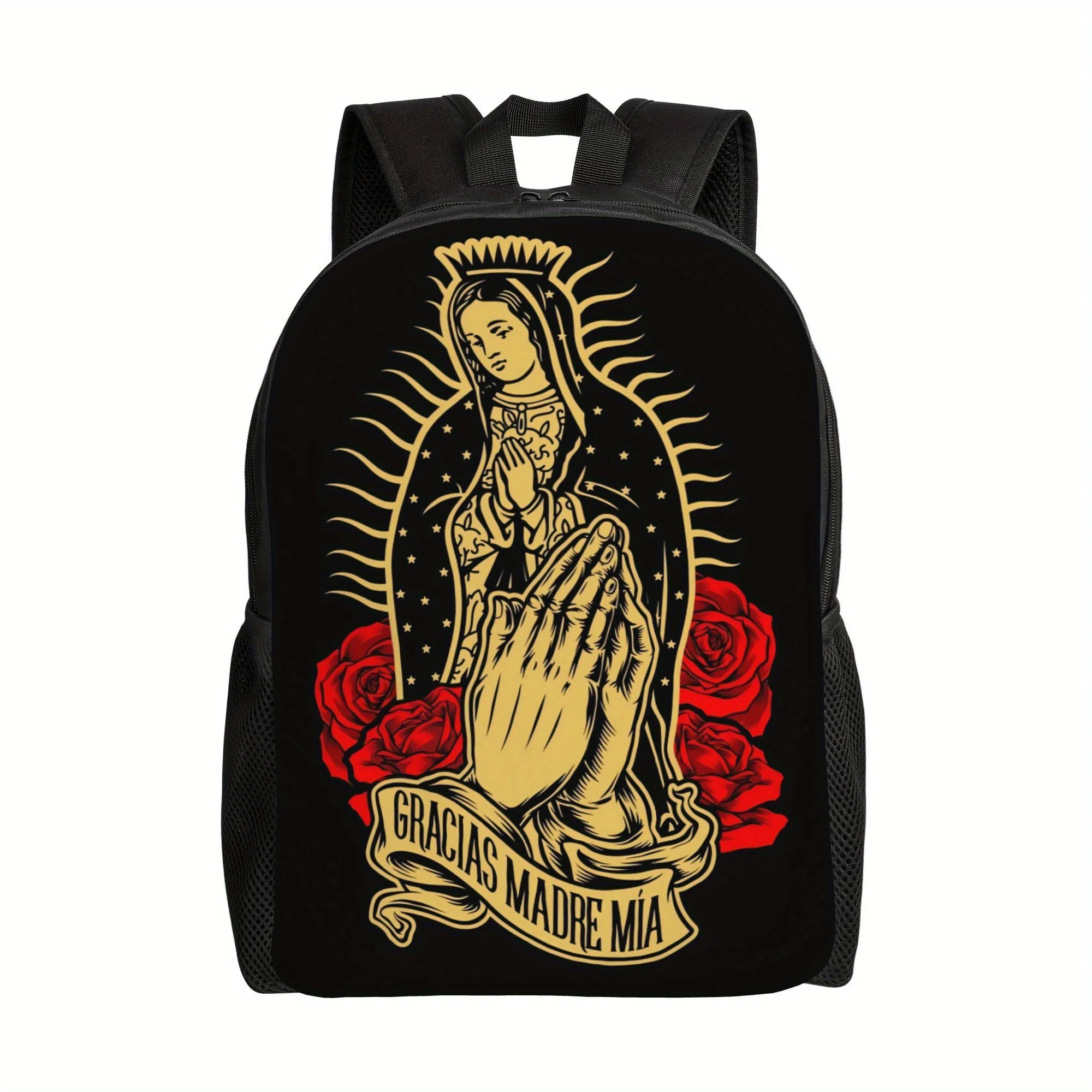 

Virgin Mary Backpack - Stylish Black, Gold and Red Design, Perfect for Coffee Running, Classroom or Urban Adventure