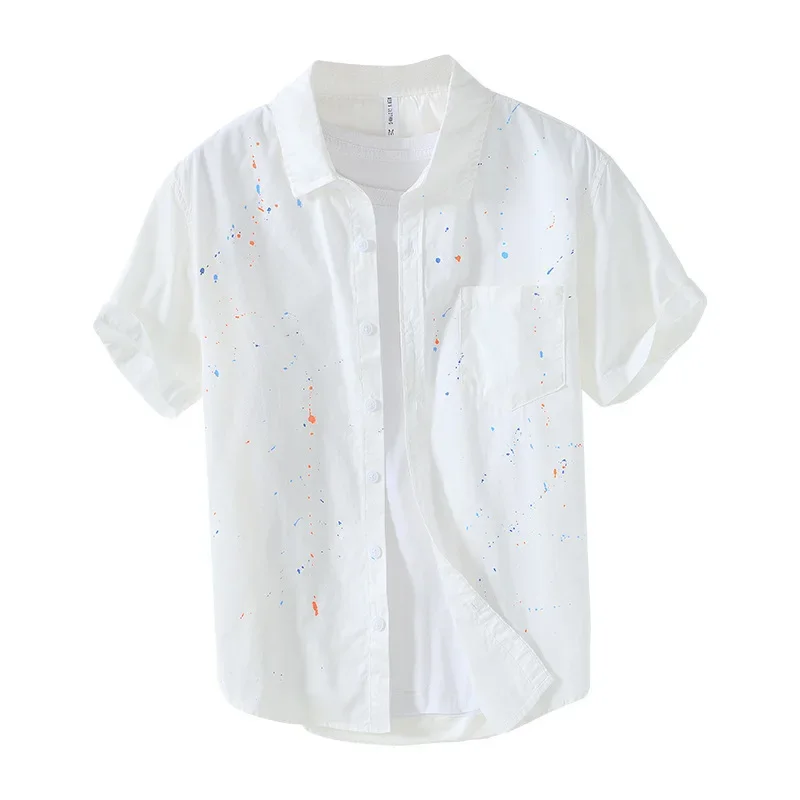 Summer Shirt Jacket Mens Casual Splashed Ink Color Short Sleeved Shirt Men