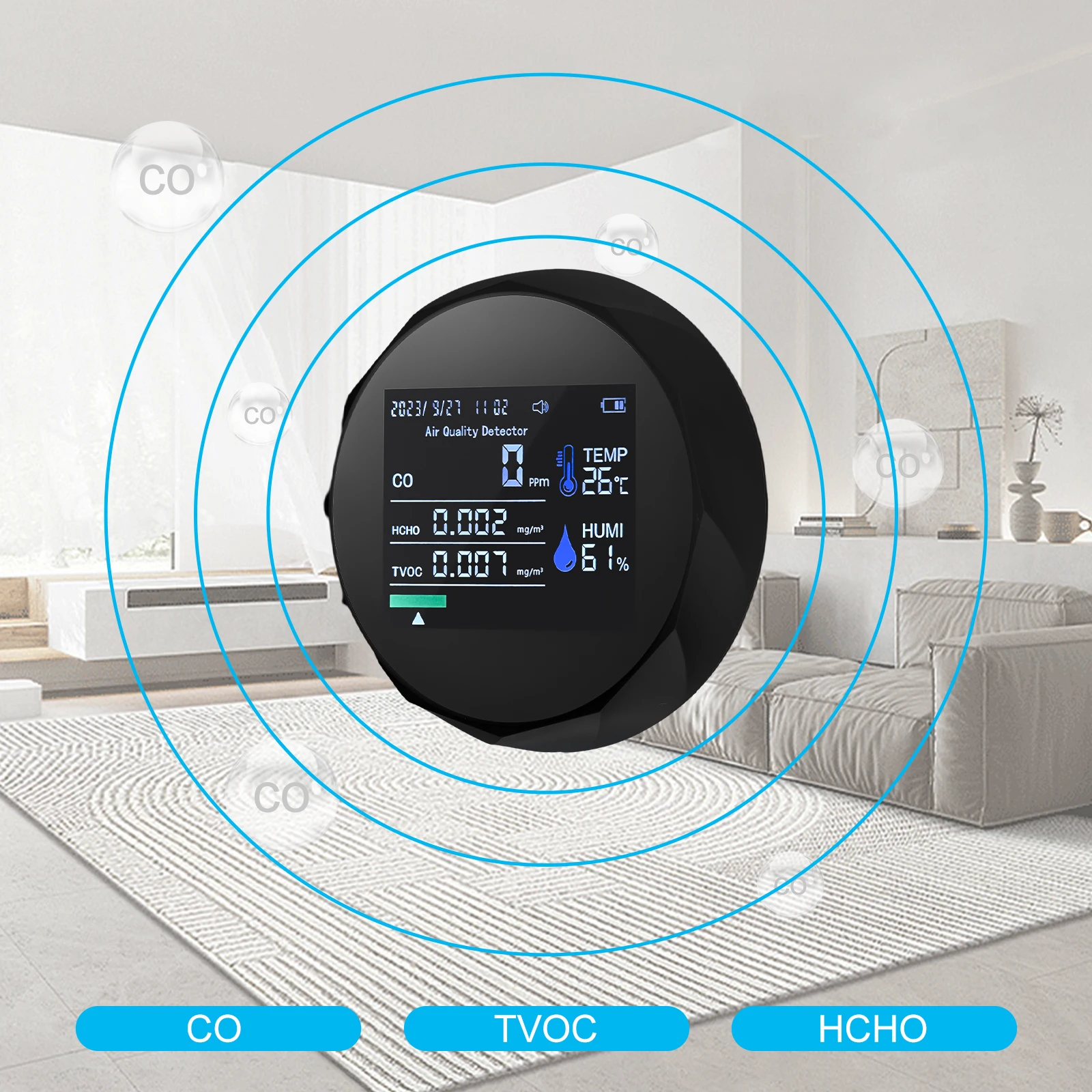 Portable Carbon Monoxide Detector 5in1 Air Quality Monitor APP Connection High Accuracy TVOC HCHO Temperature Humidity CO Meter