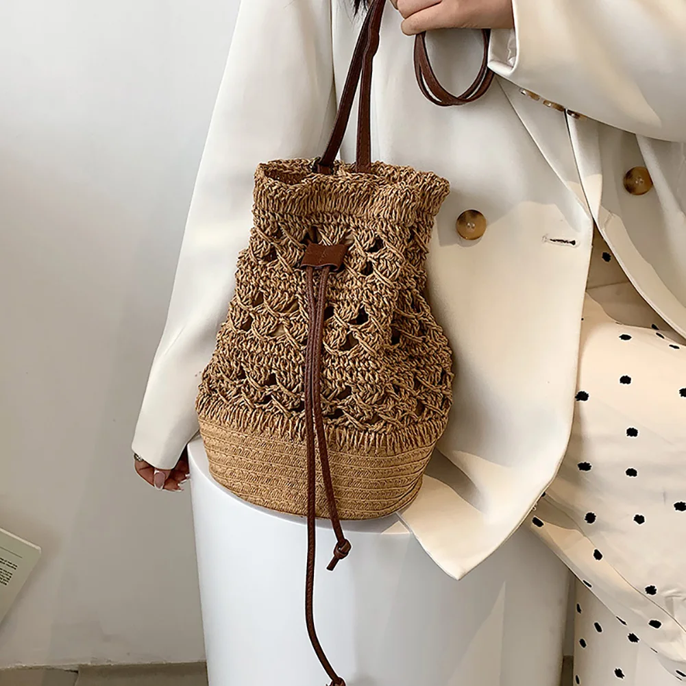 Handmade Women\'s Backpack Summer Straw Beach Bag Woven Hollow Drawstring Shoulder Bags Bohemian Knitted Fashion Female Backpacks