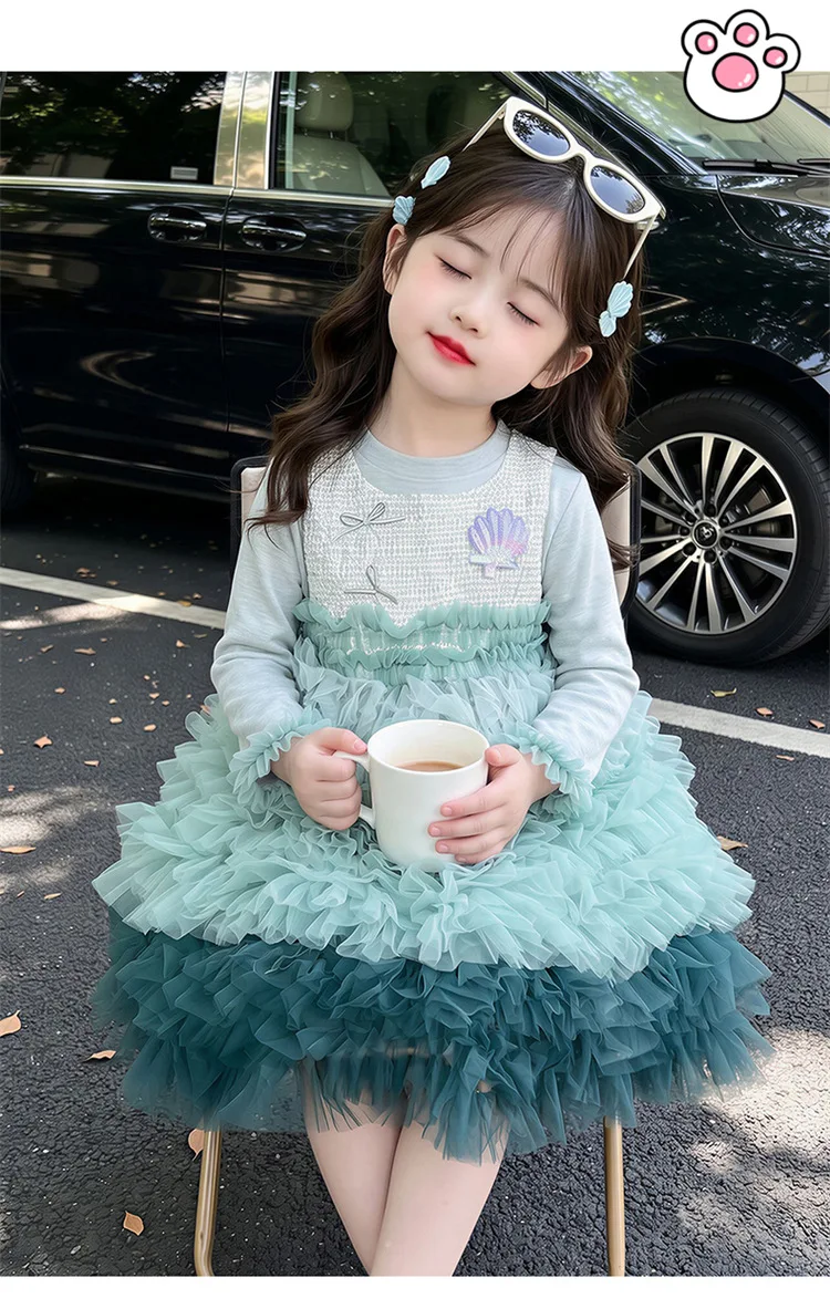 2026 New Baby Girls Fall Long Sleeve Green Sets,   Blouse + Vest Mesh Dress   Princess Sweet Suits  2-7 T