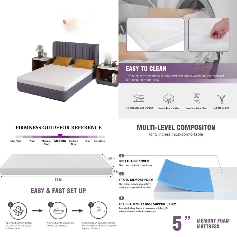 

5 Gel Memory Foam Mattress - CertiPUR-US, Fiberglass-Free, Cool & Comfortable Support