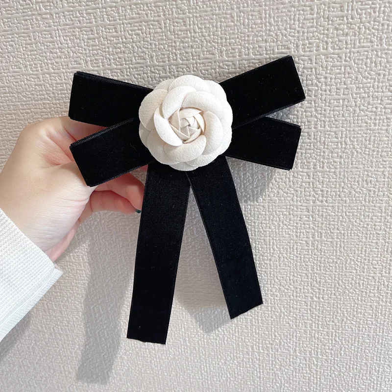 Korean Camellia Women's Bow Tie Brooch Retro College Style Shirt Collar Flower Fashion Velvet BowTie Corsage Pin Gift for Women