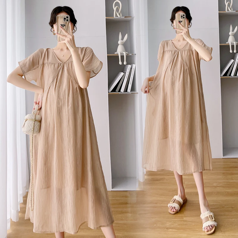 

Elegant Maternity Summer Loose Clothes Short Sleeve V-Neck Plus Size Pregnant Women's Dress Khaki Pregnancy Chiffon Dress Sweet