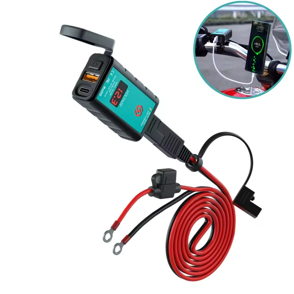 Leading-Edge-QC3.0 Motorcycle Dual USB & Type-C , 12V-24V Voltmeter, IP66 Waterproof With On/Off Switch For Phones