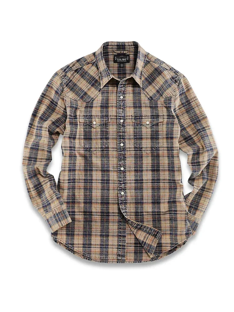 High Quality Amekaji American Classic Retro Plaid Long Sleeve Shirt Casual All-Match Washed and Dyed Coat Men's New