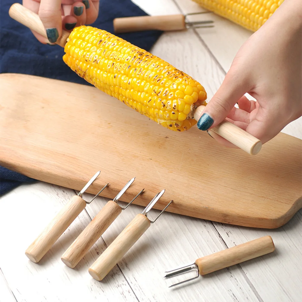 

8pcs Corn Holders Stainless Steel BBQ Forks Portable Cooking Tools Anti-scalding Wooden Handles Fruit Meat Grips