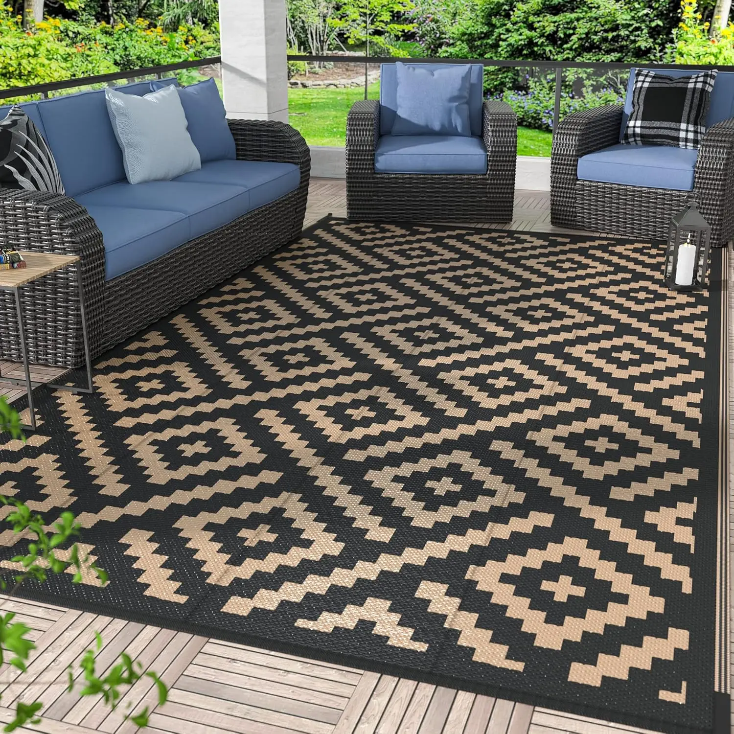 

5x8 Outdoor Rug Waterproof, Reversible Mats, Area Rug, Plastic Outside Carpet, Geometric Rv Mat for Patio Camping Rv Picnic B