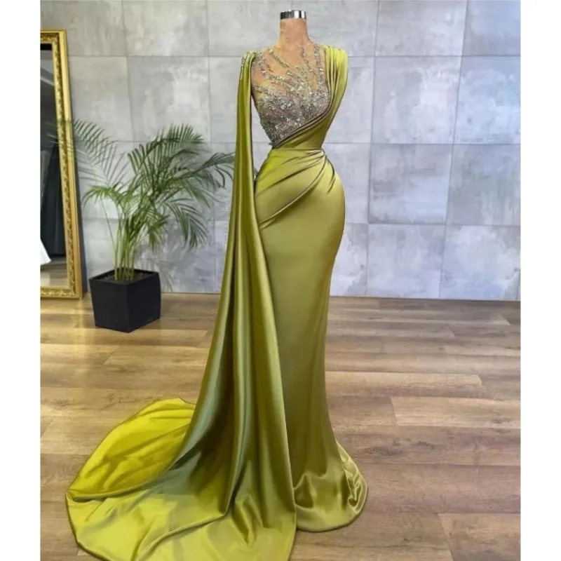 One Shoulder Mermaid Evening Dresses Woman\'s Sexy Crystal Beading Sleeveless Prom Gowns Formal Party Vestido De Noche Customized