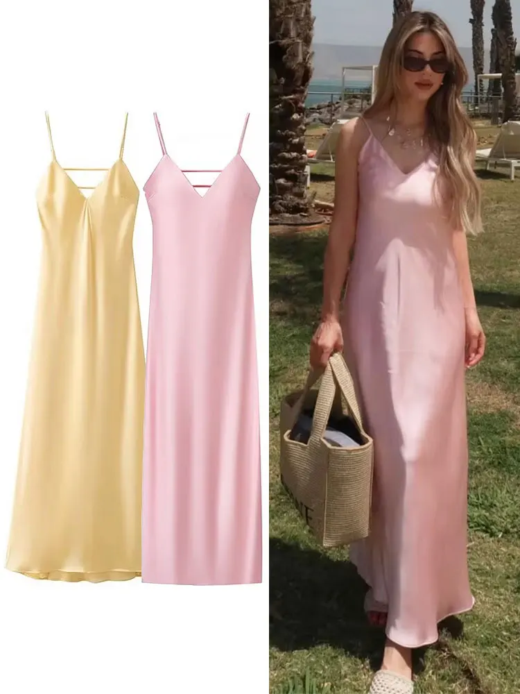 HH Pink Stain Sling Dresses Women Elegant V Neck Sleeveless Backless Slim Long Dress 2025 Summer Lady Party Holiday Dress