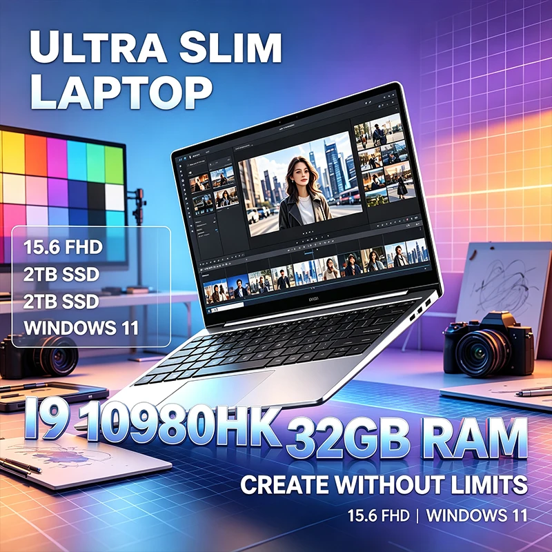 Notebook ultrafino com ecrã IPS FHD de 15,6" e 120 Hz, processador Intel Core i9-10980HK, 32 GB de RAM, SSD de 2 TB, teclado retroiluminado, Windows 11 e bateria de longa duração.