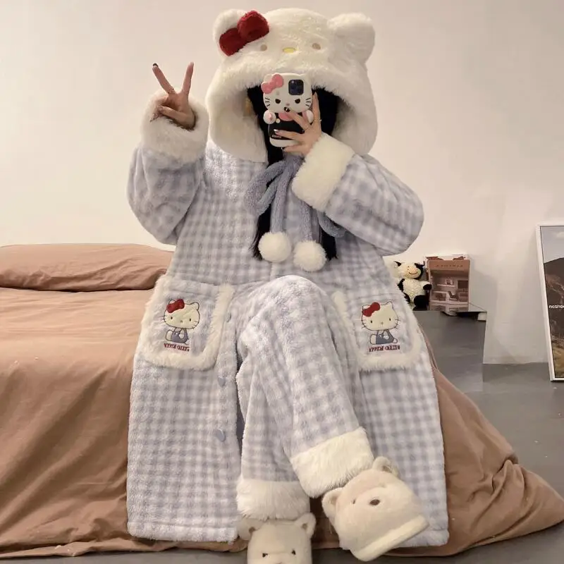 

Sanrio Hello Kitty женский зимний мультяшный коралловый флисовый клетчатый халат, пижамный комплект, новая плюшевая утолщенная милая домашняя одежда для дома, одежда для сна