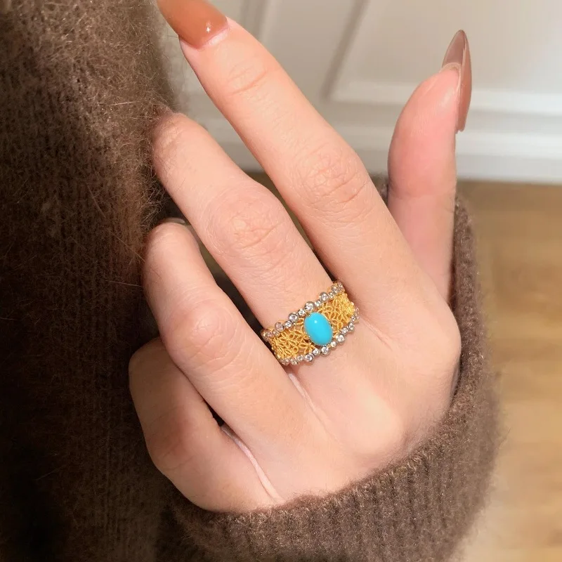 Anillos anchos de flores huecas de lujo ligeros Vintage para mujer diseño con anillo turquesa joyería de encanto de estilo de pareja