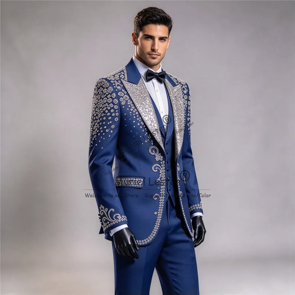 Sparkling Beaded Stones Men's Tuxedo Suit For Wedding Sequins Lapel Single Breasted Groom Banquet Attire 3 Pieces Man Party Coat