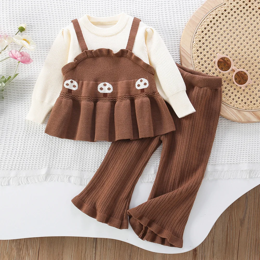 

2025 Autumn Winter Kids Girls Knit Set Mushroom Pattern False 2 Pcs Sweater Set Flared Trousers Warm Baby Girl Outfit