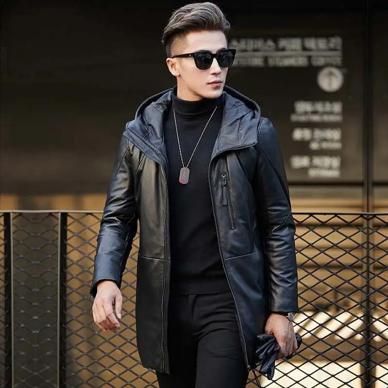 Genuine Leather Coat Men Mid length Hooded Sheepskin Puffer Jacket Man Winter Detachable Access Control Leather Down Coat Male