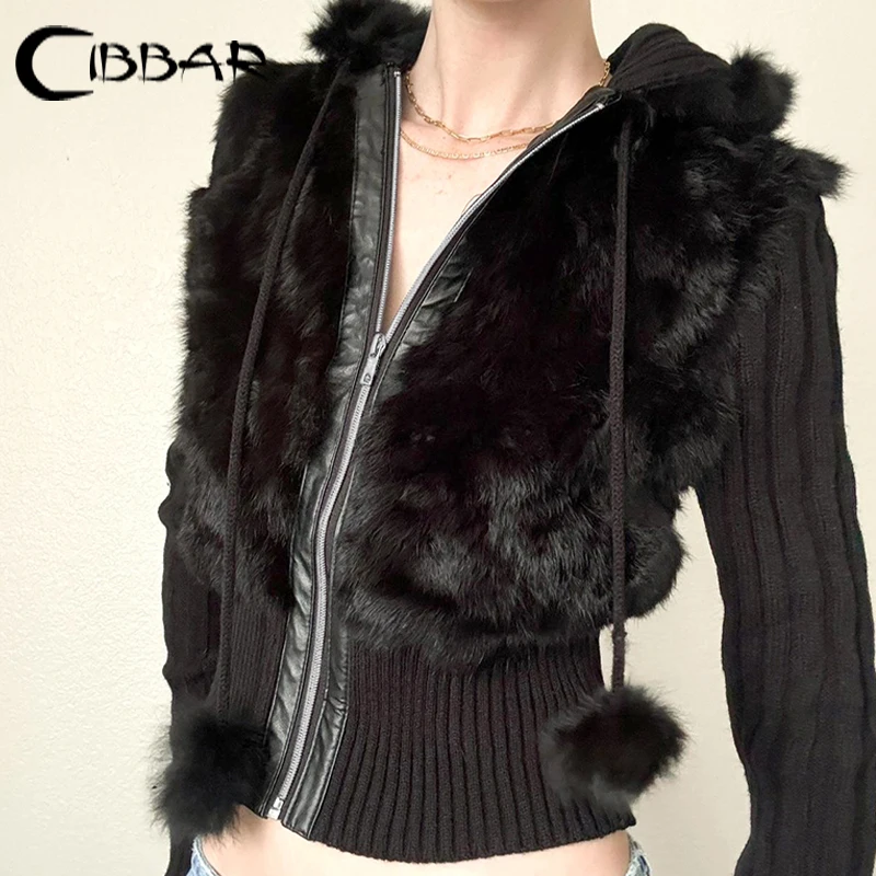 CIBBAR Black Furry Stitching Hoodies Autumn Winter Full Sleeve Zip Up Hooded Sweatshirts for Women y2k Slim-fitting Crop Hoodie