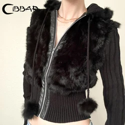 CIBBAR Black Furry Stitching Hoodies Autumn Winter Full Sleeve Zip Up Hooded Sweatshirts for Women y2k Slim-fitting Crop Hoodie