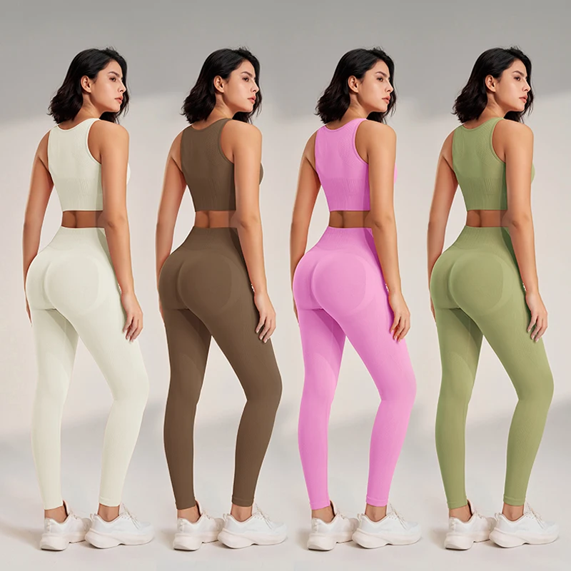Damski zestaw do jogi: legginsy z wysokim stanem i top, dwuczęściowy bezszwowy strój do ćwiczeń fitness, bielizna sportowa plus size.