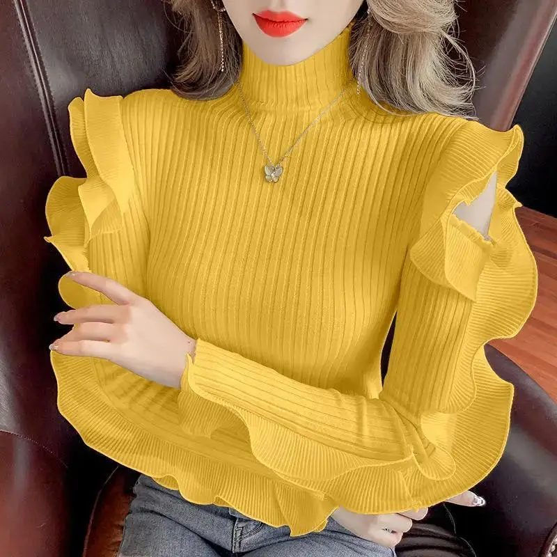 Fashion Turtleneck Spliced Ruffles Off Shoulder Sweater Women\'s Clothing 2023 Winter New Casual Pullovers Loose Sweet Tops